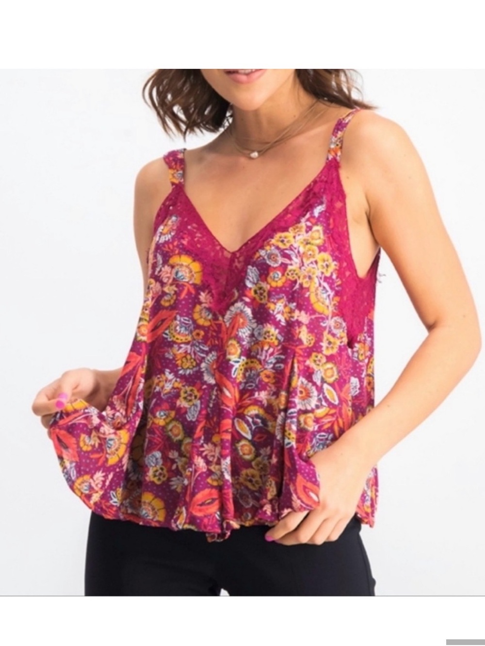 Floral Lace-Trim V-Neck Cami Tank - Magenta